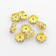 Brass Rhinestone Spacer Beads, Grade A, Wavy Edge, Golden,  Rondelle, Crystal, 8x3.8mm, Hole: 1mm(X-RB-A014-L8mm-01G)