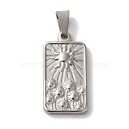 Non-Tarnish 304 Stainless Steel Pendants, Rectangle with Flower & Sun Charm, Stainless Steel Color, 26x14x2.5mm, Hole: 7.5x3.5mm(STAS-L081-034P)