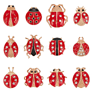 12Pcs 12 Style Coccinella Septempunctata Enamel Pins with Rhinestone, Golden Alloy Insect Brooches for Backpack Clothes, Red, 20~26.5x16~23.5x5~7mmm, 1Pc/style(JEWB-WH0023-46G)