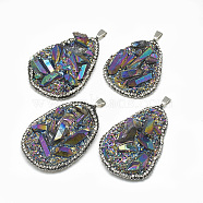 Electroplate Natural Quartz Pendants, with Rhinestone and Brass Findings, Nuggets, Platinum, Multi-color Plated, 40~55x30~40x10~24mm, Hole: 7x4mm(G-S334-017A)
