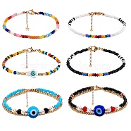 6Pcs 6 Style Glass Seed Beaded Bracelets Set, Evil Eye Multi-strand Bracelets, Cross with Evil Eye Beads Bracelets for Women, Mixed Color, 7-1/8~7.68 inch(18~19.5cm), 1pc/style(BJEW-SZ0001-98)