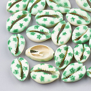 Printed Cowrie Shell Beads, No Hole/Undrilled, Star Pattern, Green, 20~26x13~18x5~7mm(X-SHEL-S274-03C)