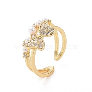 Brass Micro Pave Cubic Zirconia Open Rings, Butterfly with Plastic Imitation Pearl Cuff Rings for Women, Real 18K Gold Plated, 5~11mm, Inner Diameter: US Size 6 3/4(17mm)(RJEW-J017-VC205)