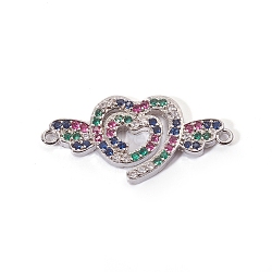 Brass Micro Pave Cubic Zirconia Links connectors, Heart with Wing, Colorful, Platinum, 12x25.5x2mm, Hole: 1mm(ZIRC-L090-039P)
