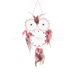 Owl Woven Web/Net with Feather Hanging Ornaments, Iron Ring for Home Living Room Bedroom Wall Decorations, Hot Pink, 590mm(HJEW-G025-06)