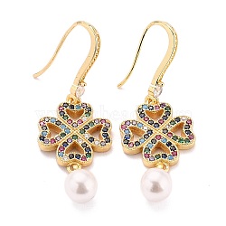 Clover Sparkling Cubic Zirconia Dangle Earrings for Her, Real 18K Gold Plated Brass Earrings with Acrylic Pearl Beads, Colorful, 47.5mm, Pin: 0.8mm(ZIRC-C025-17G)