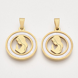 201 Stainless Steel Pendants, with Shell and Random Size Snap on Bails, Flat Round with Girl, Golden, 23x20x2mm, Hole: 7~10x3~5mm(STAS-N089-61G)
