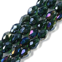 Transparent Electroplate Glass Beads Strands, AB Color Plated, Faceted, Teardrop, Dark Green, 8x6mm, Hole: 1.2mm, about 65~67pcs/strand, 20.08''(51cm)(EGLA-N013-T6mm-B15)