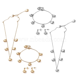 304 Stainless Steel Jewelry Sets, Cable Chains Pendant Necklaces & Stud Earrings & Bracelets, with Lobster Claw Clasps, Shell Shape, Mixed Color, 17.71 inches(45cm), 7.63 inches(19.4cm), 20.5mm, Pin: 0.7mm(SJEW-Z001-07)
