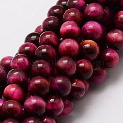 Natural Tiger Eye(Dyed & Heated) Round Beads Strands, Fuchsia, 12mm, Hole: 1mm, about 32pcs/strand, 15.7 inch(G-E329-12mm-40D)