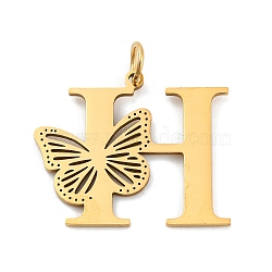 Ion Plating(IP) 201 Stainless Steel Pendants, Letter with Butterfly Charms, Golden, Letter H, 27x32x1.5mm, Ring: 7x1mm, Hole: 5mm(STAS-N103-184G-H)