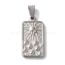 Non-Tarnish 304 Stainless Steel Pendants, Rectangle with Flower & Sun Charm, Stainless Steel Color, 26x14x2.5mm, Hole: 7.5x3.5mm(STAS-L081-034P)