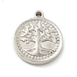 201 Stainless Steel Machine Polishing Pendants, Flat Round with Tree of Life, Stainless Steel Color, 17.5x15x2.5mm, Hole: 1.6mm(STAS-G261-24P)