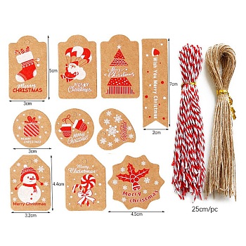 Christmas Theme Kraft Paper Tags, with Cotton Rope & Hemp Rope, Gift Tags Hang Labels, for Christmas Decorate, Mixed Color, Pape Sizer: 15.5x13.2cm