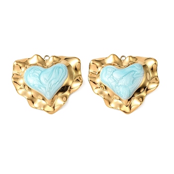 304 Stainless Steel Pendants, with Enamel, Heart Charms, Real 18K Gold Plated, Ion Plating(IP), Blue, 35.5x40x8mm, Hole: 2mm