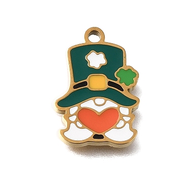 304 Stainless Steel Enamel Pendants, Gnome with Heart Charms, Ion Plating(IP), Golden, 16x11x1.4mm, Hole: 1.4mm