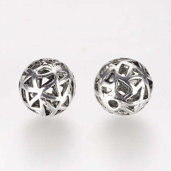 Tibetan Style Hollow Alloy Beads, Round, Antique Silver, 11.5x11mm, Hole: 2mm