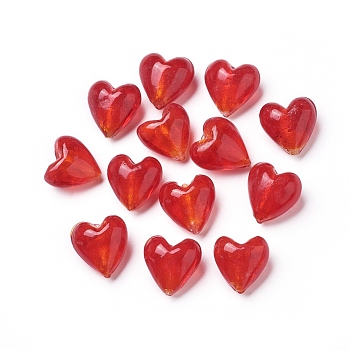 Handmade Silver Foil Glass Beads, Heart, Red, 20x20x13mm, Hole: 2mm