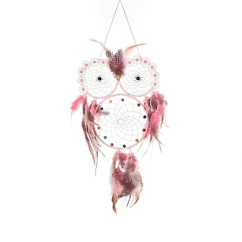Owl Woven Web/Net with Feather Hanging Ornaments, Iron Ring for Home Living Room Bedroom Wall Decorations, Hot Pink, 590mm