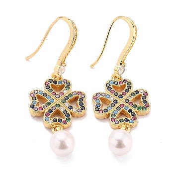 Clover Sparkling Cubic Zirconia Dangle Earrings for Her, Real 18K Gold Plated Brass Earrings with Acrylic Pearl Beads, Colorful, 47.5mm, Pin: 0.8mm