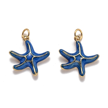 Brass Enamel Pendants, with Jump Ring, Long-Lasting Plated, Real 18K Gold Plated, Starfish, Medium Blue, 19.3x17.6x3.5mm, Hole: 3.8mm