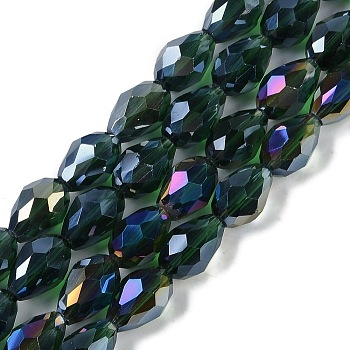 Transparent Electroplate Glass Beads Strands, AB Color Plated, Faceted, Teardrop, Dark Green, 8x6mm, Hole: 1.2mm, about 65~67pcs/strand, 20.08''(51cm)