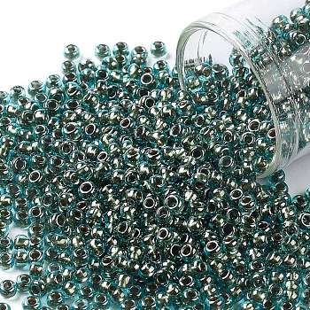 TOHO Round Seed Beads, Japanese Seed Beads, (284) Inside Color Aqua/Gold Lined, 8/0, 3mm, Hole: 1mm, about 1110pcs/50g