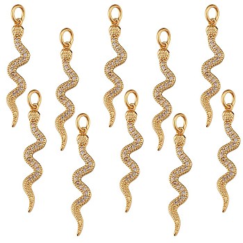 10Pcs Brass Micro Pave Cubic Zirconia Pendants, Long-Lasting Plated, Snake, Lead Free & Nickel Free & Cadmium Free, Clear, Real 18K Gold Plated, 29x6x2mm, Hole: 3mm