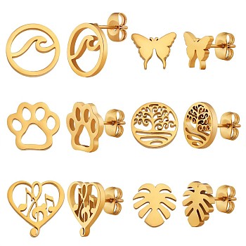 6 Pairs 6 Style Butterfly & Leaf & Tree of Life & Cat Claw Print & Music Note & Wave 316 Surgical Stainless Steel Stud Earrings for Women, Golden, 8~12x8~12mm, Pin: 1mm, 1 Pair/style
