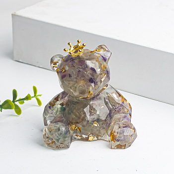 Natural Fluorite Crown Bear Display Decorations, Resin Figurine Home Decoration, for Home Feng Shui Ornament, 62x65x53mm