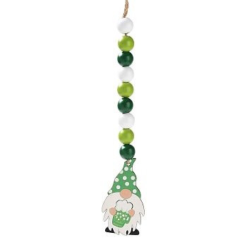 Saint Patrick's Day Wood Gnome Pendant Decoration, with Wood Beaded Jute Cord Hanging Decoration, Drink, 284mm, pendant: 74.5x40.5x2.5mm