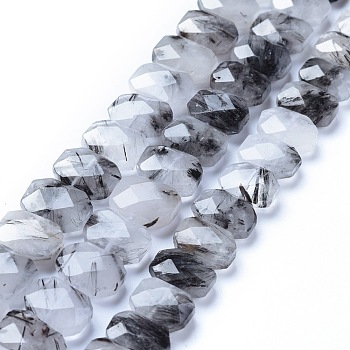Natural Tourmalinated Quartz/Black Rutilated Quartz Beads Strands, Rectangle Octagon, Faceted, 11~12x14x6~6.5mm, Hole: 0.9mm, about 36pcs/strand, 15.55 inch(39.5cm)