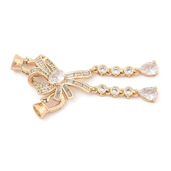 Brass Micro Pave Clear Cubic Zirconia Fold Over Clasps, with Glass, Bowknot, Real 18K Gold Plated, 50x17x7mm, Hole: 1.4mm