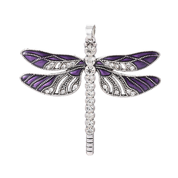 Alloy Big Pendants, with Enamel and Rhinestone, Dragonfly, Purple, 56.5x64.5x4.5mm, Hole: 4.5x6mm