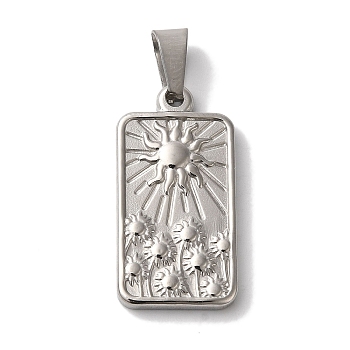 Non-Tarnish 304 Stainless Steel Pendants, Rectangle with Flower & Sun Charm, Stainless Steel Color, 26x14x2.5mm, Hole: 7.5x3.5mm