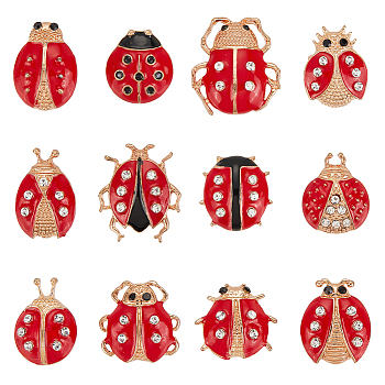 12Pcs 12 Style Coccinella Septempunctata Enamel Pins with Rhinestone, Golden Alloy Insect Brooches for Backpack Clothes, Red, 20~26.5x16~23.5x5~7mmm, 1Pc/style