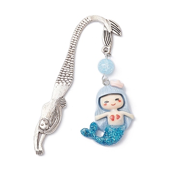 Mermaid Resin Pendant Bookmarks, with Synthetic Crackle Quartz Bead, Dodger Blue, 78.5mm, Pendant: 47x28x7mm