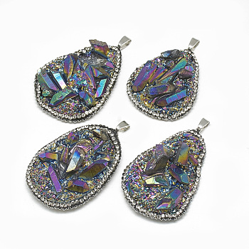 Electroplate Natural Quartz Pendants, with Rhinestone and Brass Findings, Nuggets, Platinum, Multi-color Plated, 40~55x30~40x10~24mm, Hole: 7x4mm