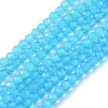 Transparent Glass Bead Strands, Faceted, Flat Round, Light Sky Blue, 4~5x3~4mm, Hole: 0.5mm, about 95pcs/strand, 13.70 inch(34.8cm)