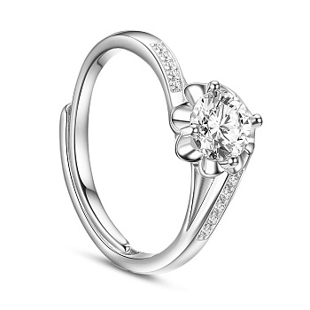 SHEGRACE Sparkling Micro Pave Zirconia Rhodium Plated 925 Sterling Silver Finger Ring, Flower with White AAA Cubic Zirconia, Platinum, 17mm