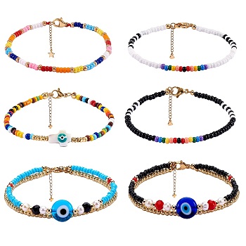 6Pcs 6 Style Glass Seed Beaded Bracelets Set, Evil Eye Multi-strand Bracelets, Cross with Evil Eye Beads Bracelets for Women, Mixed Color, 7-1/8~7.68 inch(18~19.5cm), 1pc/style