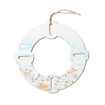 Natural Wood Pendant Decorations, with Hemp Cord, Swim Ring, Light Sky Blue, 225x4mm, Hole: 40x10mm