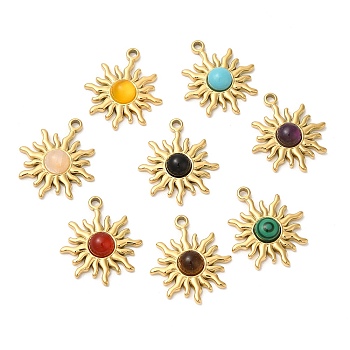 Ion Plating(IP) 316 Stainless Steel Sun Pendants, Natural & Synthetic Mixed Gemstone Sun Charms, Real 24K Gold Plated, 23x20x5mm, Hole: 1.8mm