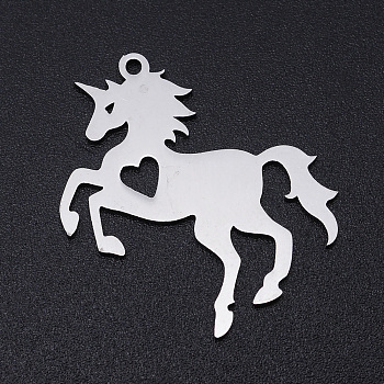 201 Stainless Steel Pendants, Horse with Heart, Stainless Steel Color, 28x25x1mm, Hole: 1.4mm