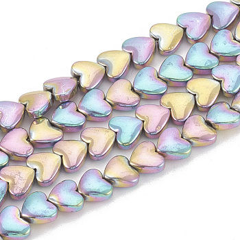 Electroplate Non-magnetic Synthetic Hematite Beads Strands, Heart, Rainbow Plated, 5.5x6x3mm, Hole: 1mm, about 80pcs/strand, 15.7 inch