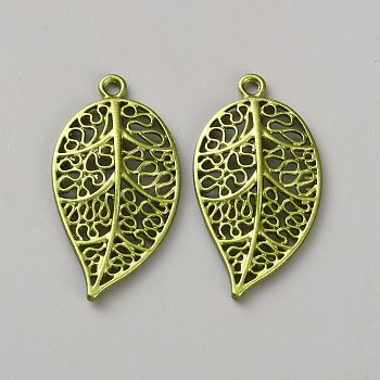 Spray Painted Alloy Pendants, Leaf Charms, Green, 42x27x4.5mm, Hole: 2.5mm