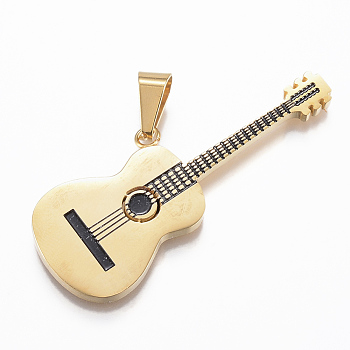 304 Stainless Steel Big Pendants, with Enamel, Guitar, Golden, 50x19x2.5mm, Hole: 9mm