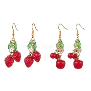 2 Pairs 2 Style Cherry & Strawberry Glass Dangle Earrings, Cluster Earrings, Red, 55~60x12.5~13.5mm, 1 Pair/style(EJEW-JE05729)