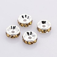 Brass Rhinestone Spacer Beads, Grade A, Straight Flange, Silver Color Plated, Rondelle, Light Colorado Topaz, 8x3.8mm, Hole: 1.5mm(RB-A014-Z8mm-14S)