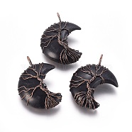 Natural Obsidian Tree of Life Wire Wrapped Pendants, with Brass Findings, Crescent Moon, Red Copper, 44~46x26~32x12.5mm, Hole: 6.5x4.5mm(G-L520-E03-R-NF)